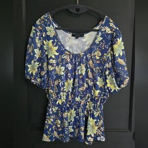 Blue and Yellow Floral Puff Sleeve Blouse